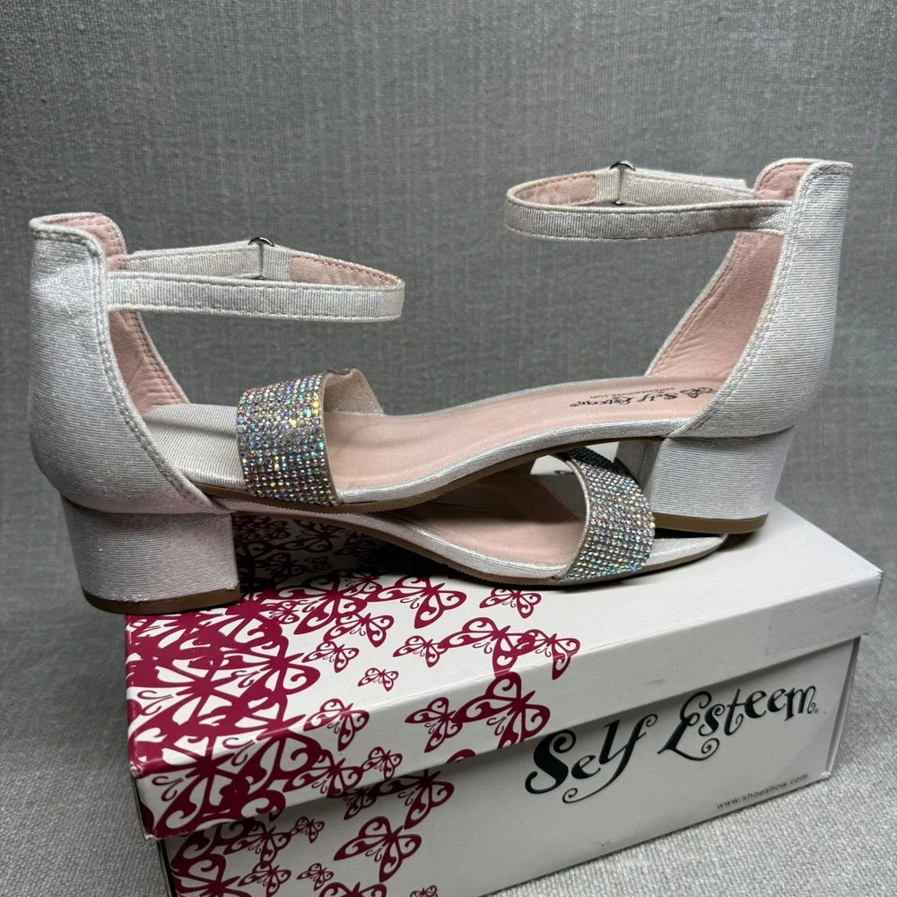Self Esteem Girls Block Heel Sandals Silver Glitter Dress‎ Shoes Size 3